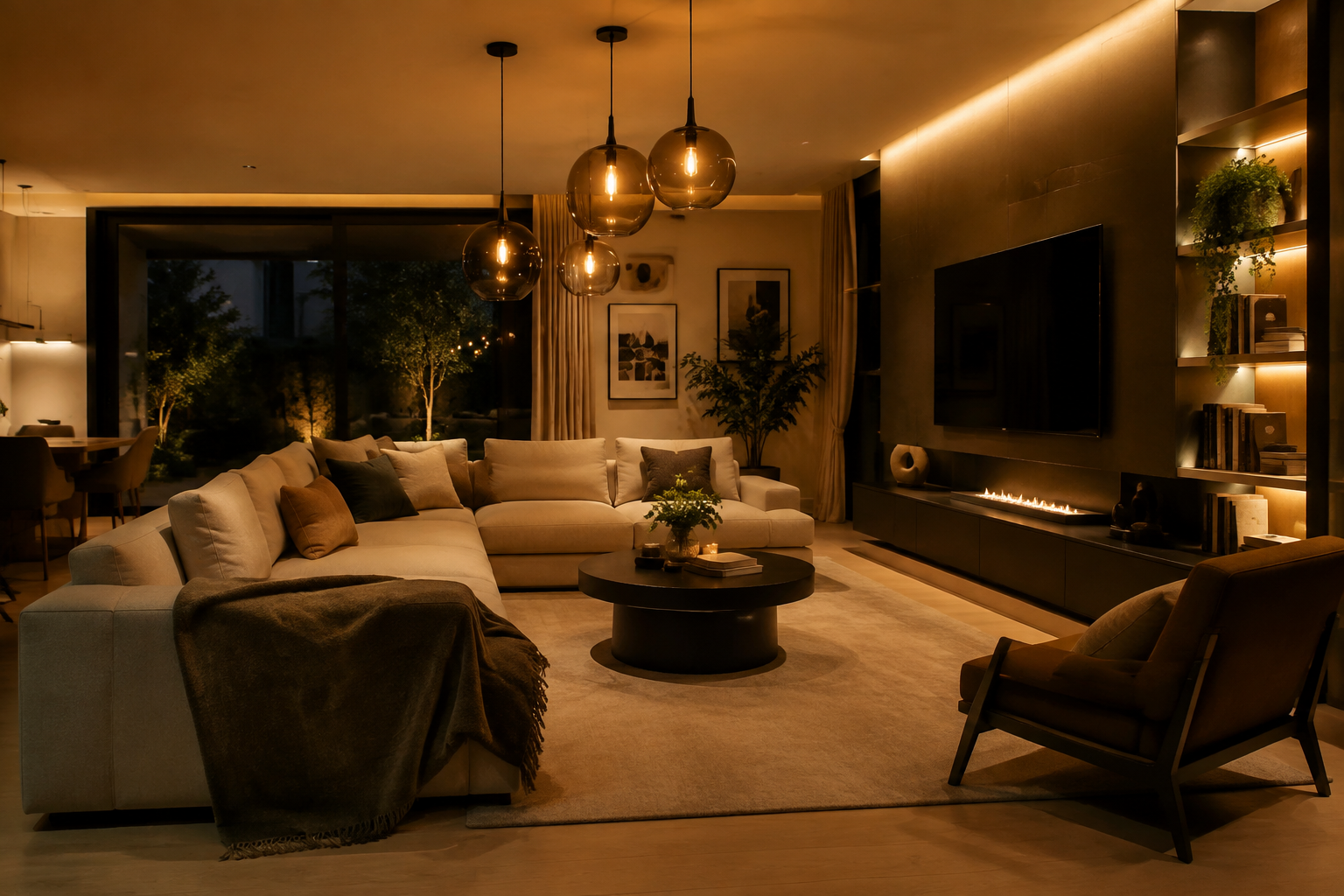Installation de luminaires et suspensions dans un salon