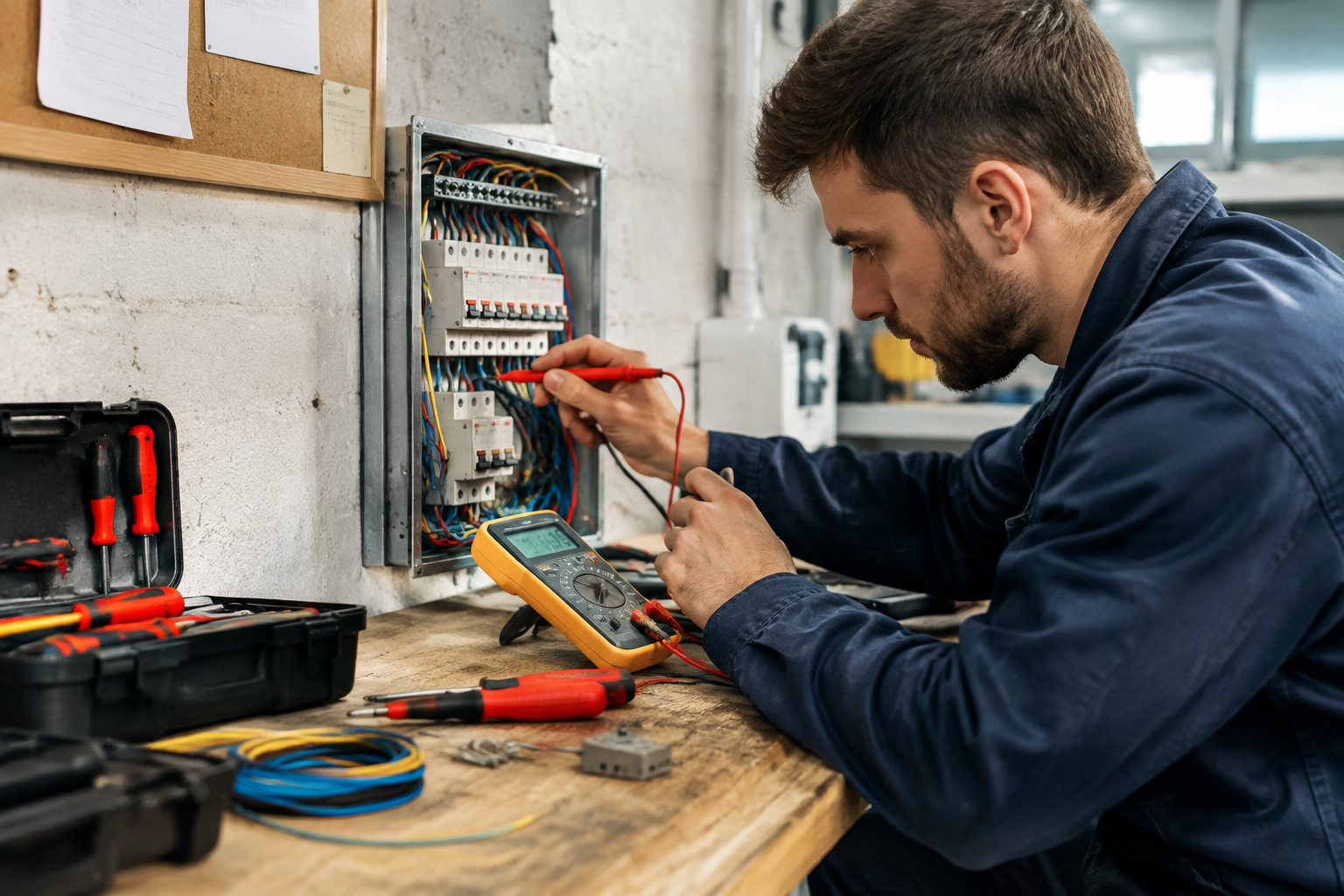 Électricien diagnostiquant une panne avec un multimètre